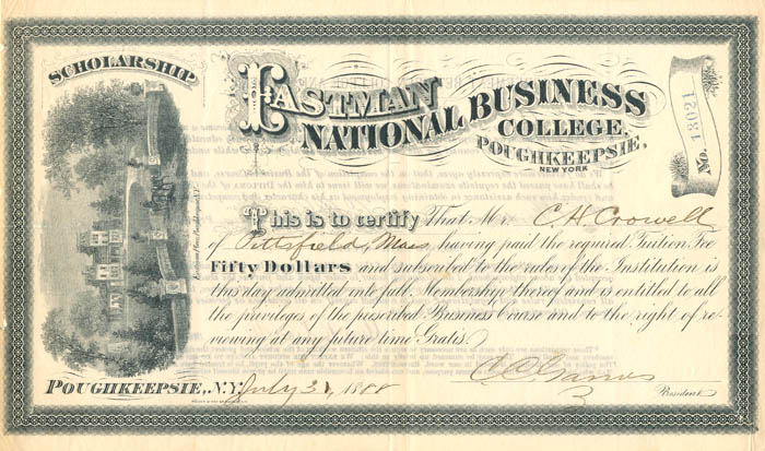 Eastman National Business College - Educational Stock Certificate